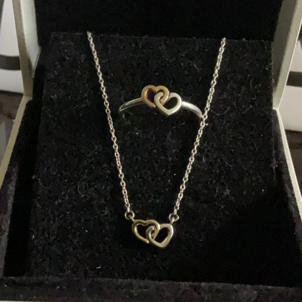 Pandora two tone interlinked heart set of necklace and ring - Picture 2 of 4